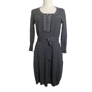 Nanette Lepore Grey 100% Merino Knit Wool Dress Women’s Small Belt Pockets Beads